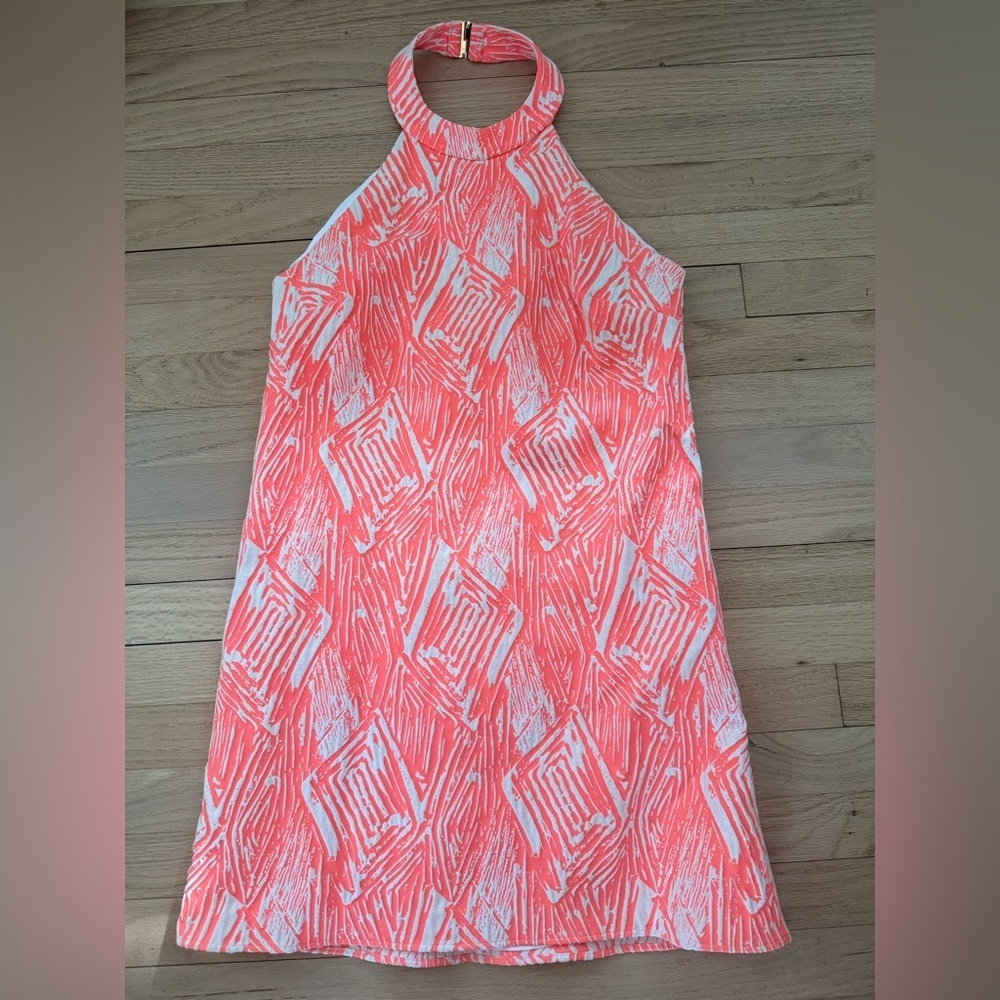 Hutch Medium Coral Pink Orange Geometric Print Halter Neck Sleeveless Dress